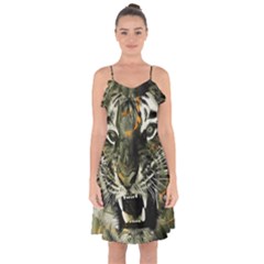 Angry Tiger Animal Broken Glasses Ruffle Detail Chiffon Dress