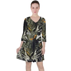 Angry Tiger Animal Broken Glasses Quarter Sleeve Ruffle Waist Dress