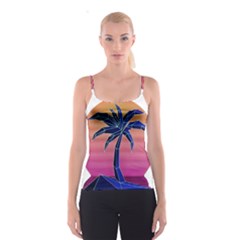 Abstract 3d Art Holiday Island Palm Tree Pink Purple Summer Sunset Water Spaghetti Strap Top