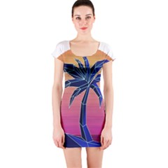 Abstract 3d Art Holiday Island Palm Tree Pink Purple Summer Sunset Water Short Sleeve Bodycon Dress by Cemarart