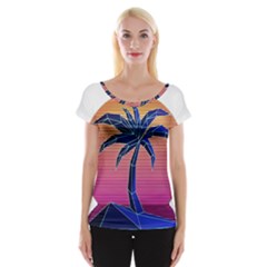 Abstract 3d Art Holiday Island Palm Tree Pink Purple Summer Sunset Water Cap Sleeve Top by Cemarart