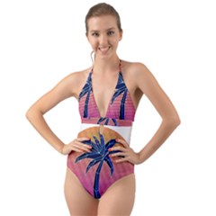 Abstract 3d Art Holiday Island Palm Tree Pink Purple Summer Sunset Water Halter Cut-out One Piece Swimsuit by Cemarart