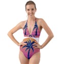 Abstract 3d Art Holiday Island Palm Tree Pink Purple Summer Sunset Water Halter Cut-Out One Piece Swimsuit View1