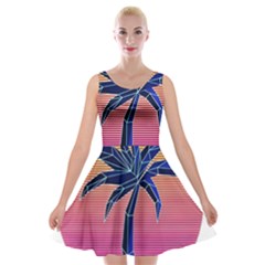 Abstract 3d Art Holiday Island Palm Tree Pink Purple Summer Sunset Water Velvet Skater Dress by Cemarart