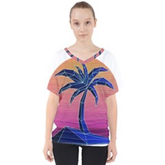 Abstract 3d Art Holiday Island Palm Tree Pink Purple Summer Sunset Water V-neck Dolman Drape Top by Cemarart