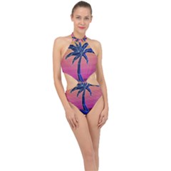 Abstract 3d Art Holiday Island Palm Tree Pink Purple Summer Sunset Water Halter Side Cut Swimsuit by Cemarart