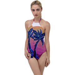 Abstract 3d Art Holiday Island Palm Tree Pink Purple Summer Sunset Water Go With The Flow One Piece Swimsuit by Cemarart