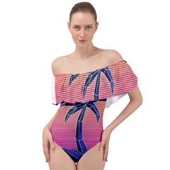 Abstract 3d Art Holiday Island Palm Tree Pink Purple Summer Sunset Water Off Shoulder Velour Bodysuit  by Cemarart