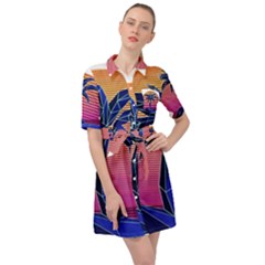 Abstract 3d Art Holiday Island Palm Tree Pink Purple Summer Sunset Water Belted Shirt Dress