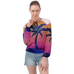 Abstract 3d Art Holiday Island Palm Tree Pink Purple Summer Sunset Water Banded Bottom Chiffon Top by Cemarart