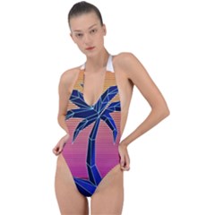Abstract 3d Art Holiday Island Palm Tree Pink Purple Summer Sunset Water Backless Halter One Piece Swimsuit by Cemarart