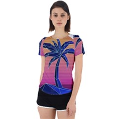 Abstract 3d Art Holiday Island Palm Tree Pink Purple Summer Sunset Water Back Cut Out Sport T-shirt by Cemarart