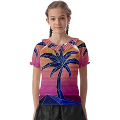 Abstract 3d Art Holiday Island Palm Tree Pink Purple Summer Sunset Water Kids  Frill Chiffon Blouse by Cemarart