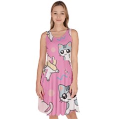 Cute Animal Little Cat Seamless Pattern Knee Length Skater Dress With Pockets by Grandong