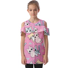 Cute Animal Little Cat Seamless Pattern Fold Over Open Sleeve Top by Grandong