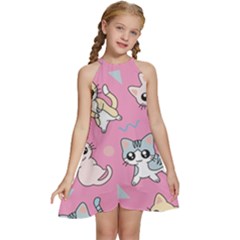 Cute Animal Little Cat Seamless Pattern Kids  Halter Collar Waist Tie Chiffon Dress