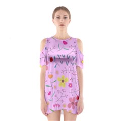 Pink Flowers Pattern Shoulder Cutout One Piece Dress by Grandong