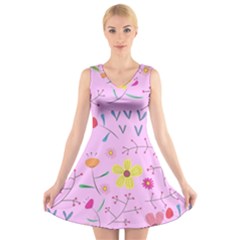 Pink Flowers Pattern V-neck Sleeveless Dress by Grandong