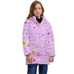 Pink Flowers Pattern Kids  Hooded Longline Puffer Jacket