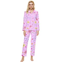 Pink Flowers Pattern Womens  Long Sleeve Velvet Pocket Pajamas Set