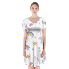 Unicorn Diamond Rainbow Shooting Star Short Sleeve V-neck Flare Dress by Grandong