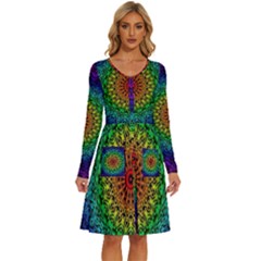 Rainbow Mandala Abstract Pastel Pattern Long Sleeve Dress With Pocket