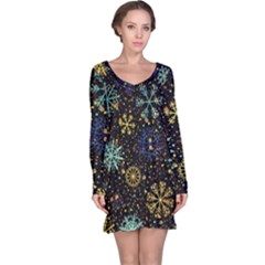 Gold Teal Snowflakes Long Sleeve Nightdress by Grandong