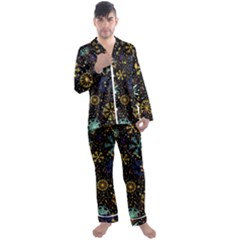 Gold Teal Snowflakes Men s Long Sleeve Satin Pajamas Set by Grandong