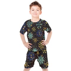Gold Teal Snowflakes Kids  T-shirt And Shorts Set by Grandong