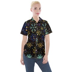 Gold Teal Snowflakes Women s Short Sleeve Pocket Shirt