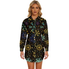 Gold Teal Snowflakes Womens Long Sleeve Shirt Dress