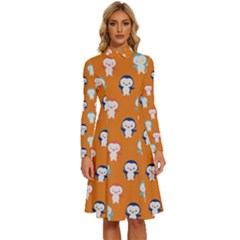 Cute Penguin Funny Pattern Long Sleeve Shirt Collar A-line Dress by Grandong