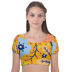 Floral Pattern Adorable Beautiful Aesthetic Secret Garden Velvet Short Sleeve Crop Top 