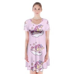 Unicorn Clouds Colorful Cute Pattern Sleepy Short Sleeve V-neck Flare Dress by Grandong