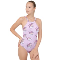 Unicorn Clouds Colorful Cute Pattern Sleepy High Neck One Piece Swimsuit by Grandong