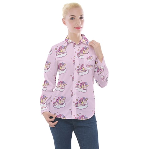 Unicorn Clouds Colorful Cute Pattern Sleepy Women s Long Sleeve Pocket Shirt by Grandong