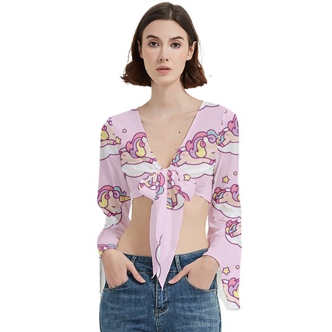 Unicorn Clouds Colorful Cute Pattern Sleepy Trumpet Sleeve Cropped Top by Grandong