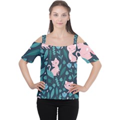 Cat Cute Flowers Leaves Pattern Cutout Shoulder T-Shirt