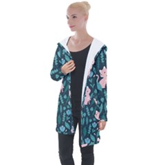 Cat Cute Flowers Leaves Pattern Longline Hooded Cardigan by Grandong