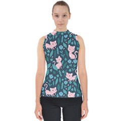 Cat Cute Flowers Leaves Pattern Mock Neck Shell Top