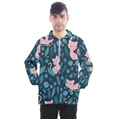 Cat Cute Flowers Leaves Pattern Men s Half Zip Pullover by Grandong