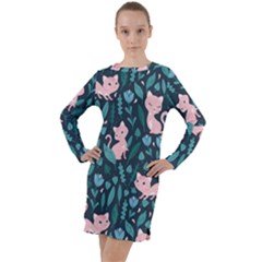 Cat Cute Flowers Leaves Pattern Long Sleeve Hoodie Dress by Grandong