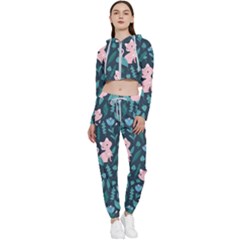 Cat Cute Flowers Leaves Pattern Cropped Zip Up Lounge Set