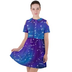 Realistic Night Sky Poster With Constellations Short Sleeve Shoulder Cut Out Dress 