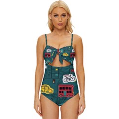 Seamless Pattern Hand Drawn With Vehicles Buildings Road Knot Front One-piece Swimsuit