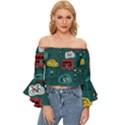 Seamless Pattern Hand Drawn With Vehicles Buildings Road Off Shoulder Flutter Bell Sleeve Top View1