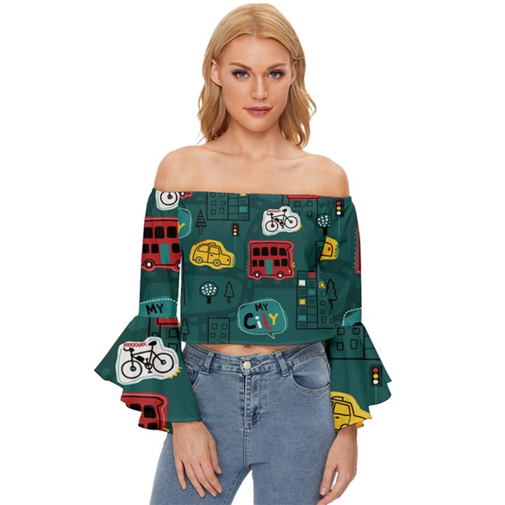 Seamless Pattern Hand Drawn With Vehicles Buildings Road Off Shoulder Flutter Bell Sleeve Top