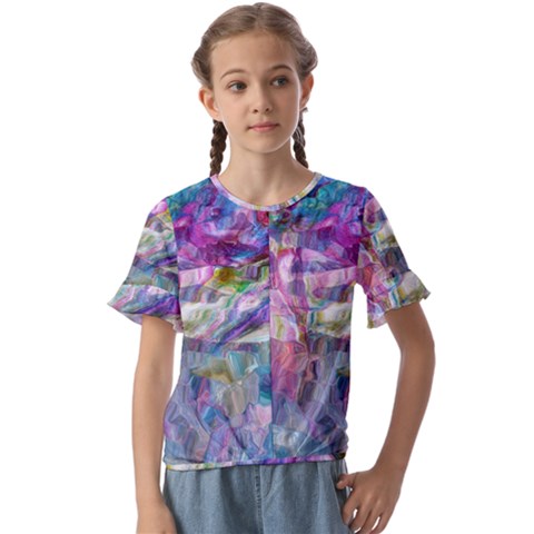Fuchsia On Turquoise Flow Kids  Cuff Sleeve Scrunch Bottom T-shirt by kaleidomarblingart