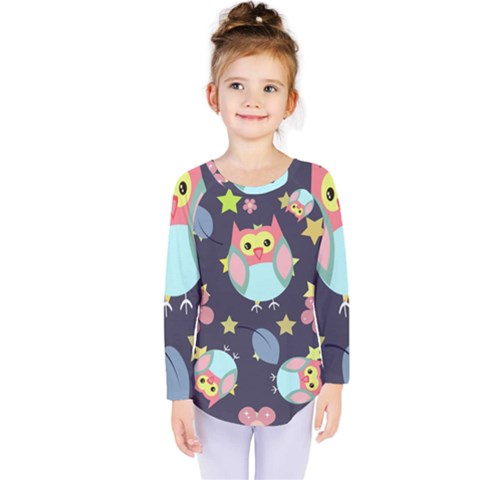 Owl Stars Pattern Background Kids  Long Sleeve T-shirt by Grandong