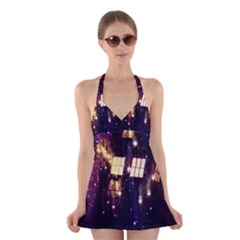 Tardis Regeneration Art Doctor Who Paint Purple Sci Fi Space Star Time Machine Halter Dress Swimsuit 